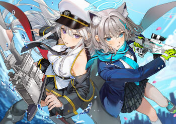 2girls absurdres animal_ear_fluff animal_ears ariko_(aaaaarik) azur_lane black_coat black_necktie blue_archive blue_eyes blue_scarf blue_sky bow_(weapon) breasts coat cross cross_hair_ornament crossover enterprise_(azur_lane) extra_ears grey_hair gun hair_ornament hat highres holding holding_bow_(weapon) holding_gun holding_weapon inverted_cross large_breasts long_hair looking_at_viewer military_hat multiple_girls necktie open_clothes open_coat purple_eyes scarf shiroko_(blue_archive) sky weapon white_hair white_hat wolf_ears wolf_girl