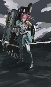 0ota 1girl absurdres arm_cannon armor bare_shoulders blue_eyes choker command_&amp;_conquer command_&amp;_conquer:_red_alert command_&amp;_conquer:_red_alert_2 dog_tags exoskeleton full_body gauntlets greaves grey_sky highres huge_weapon knee_guards lips looking_at_viewer low-cut_dress mental_omega_(mod) midriff multi-tied_hair nose pink_hair power_armor radiation_symbol red_star sabaton skirt sky solo standing star_(symbol) tank_top vambraces weapon yunru_(mental_omega)