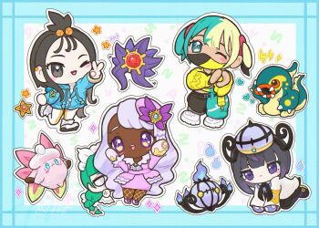 5girls all_fours aqua_hair ascot bandeau belt black_belt black_dress black_hair black_mask black_pants black_romper blonde_hair blue_eyes blue_gloves blue_hoodie blue_pants blue_sclera blunt_bangs blush bob_cut braid braided_ponytail breasts canari_(pokemon) chandelier chandelure chibi chibi_only chikolett clefable closed_mouth coat colored_sclera colored_skin cube_hair_ornament dark-skinned_female dark_skin dress earclip eelektross fairy_wings fascinator fire fishnet_pantyhose fishnets frilled_ascot frills gem gen_1_pokemon gen_5_pokemon ghost glove_bow gloves gradient_hair green_hair grey_eyes gwynn_(pokemon) hair_ornament hat heart hiding hiding_behind_another highres hood hood_down hoodie jacinthe_(pokemon) jacket juliet_sleeves lebanne_(pokemon) leggings lida_(pokemon) lightning_bolt_symbol long_hair long_legs long_sleeves looking_at_viewer low_drills maid maid_headdress mask mega_clefable mega_pokemon mega_ring mega_starmie mega_stone mouth_mask multicolored_hair multiple_girls nintendo one_eye_closed open_mouth orange_leggings pants pantyhose pokemon pokemon_(creature) pokemon_legends:_z-a puffy_sleeves purple_dress purple_eyes purple_hair purple_skin red_gemstone ribbed_socks romper shirt short_hair short_twintails smile socks split-color_hair star_(symbol) starfish starmie staryu topknot twintails two-tone_hair two-tone_legwear two-tone_mask two-tone_pants v very_dark_skin white_coat white_gloves white_leggings white_socks wings wispy_bangs yellow_bandeau yellow_eyes yellow_jacket yellow_mask yellow_sclera