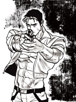 1boy bat_signal batman_(series) batman_symbol black_bodysuit black_hair bodysuit brown_jacket dc_comics grey_bodysuit gun handgun hashtag-only_commentary highres holding holding_gun holding_weapon jacket jason_todd male_focus multicolored_bodysuit muscular muscular_male my_northstar open_clothes pants red_hood_(dc) red_hood_and_the_outlaws short_hair superhero_costume taut_bodysuit trigger_discipline two-tone_bodysuit weapon