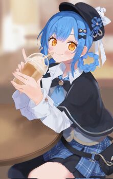 1girl black_bag black_capelet black_hat blue_hair blue_necktie blue_skirt braid braided_hair_rings capelet closed_mouth collared_shirt commentary_request corrupted_twitter_file cowboy_shot cup deerstalker disposable_cup elbows_on_table frilled_skirt frills hair_rings hat highres holding holding_cup indoors long_sleeves looking_at_viewer mahou_shoujo_no_majo_saiban necktie plaid_clothes plaid_skirt pleated_skirt shirt short_hair sitting skirt smile solo table tachibana_sherry ukaten white_shirt yellow_eyes