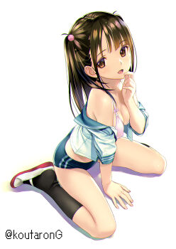 1girl :d arm_support between_legs black_socks blue_buruma blue_sailor_collar blush bra breasts brown_eyes buruma cleavage commentary_request full_body hand_between_legs hand_up koutaro long_hair looking_at_viewer medium_breasts off_shoulder one_side_up open_clothes open_mouth open_shirt original pink_bra sailor_collar school_uniform serafuku shadow shirt shoes short_sleeves simple_background sitting smile socks solo underwear uwabaki wariza white_background white_shirt white_shoes