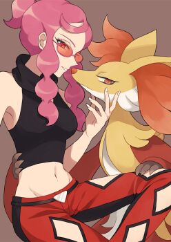 1girl bare_arms bare_shoulders black_pants black_tank_top breasts delphox fox gen_6_pokemon hair_bun malva_(pokemon) medium_breasts midriff navel nintendo orange-tinted_eyewear orange_eyes pants pink_hair pokemon pokemon_(creature) pokemon_adventures pokemon_xy red_eyes red_fur red_pants rinka_(rinka0912) short_hair_with_long_locks sidelocks single_hair_bun sleeveless sunglasses tank_top tinted_eyewear two-tone_fur two-tone_pants yellow_fur