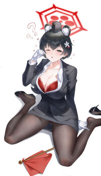 1girl ;o ? ?? absurdres ajaz_(artist) animal_ears black_eyes black_hair black_hat black_jacket black_pantyhose black_shoes blue_archive blush body_markings bra breasts chinese_commentary cleavage collarbone commentary_request doodle_sensei_(blue_archive) drooling extra_ears flag garrison_cap gloves hair_between_eyes halo hat high_heels highres jacket large_breasts long_sleeves looking_at_viewer name_tag official_alternate_costume one_eye_closed panties pantyhose pantyshot parted_lips pencil_skirt raccoon_ears raccoon_girl red_bra red_flag red_halo red_panties rubbing_eyes sensei_(blue_archive) shadow shirt shoes short_hair sidelocks sitting skirt sleepy solo squeans tears tour_guide tsubaki_(blue_archive) tsubaki_(guide)_(blue_archive) underwear waking_up wariza white_gloves white_shirt