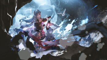 Rule 34 | 1boy, 1girl, absurdres, arknights, bandolier, belt, beret, bird, black gloves, black jacket, blue hair, blue neckerchief, blurry, blurry foreground, capelet, cave, chinese commentary, cloak, commentary request, gloves, hat, head wings, highres, holding, holding lantern, holding umbrella, irene (arknights), jacket, lantern, lightning, long hair, long sleeves, mizuki (arknights), neckerchief, pantyhose, pink skirt, pixiv username, puffy long sleeves, puffy sleeves, rain, red eyes, relax lion, seagull, short hair with long locks, shoulder strap, signature, skirt, storm, transparent, transparent umbrella, two-tone skirt, umbrella, water, white capelet, white pantyhose, white skirt, wings