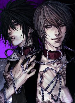 2boys alternate_piercings black_hair black_nails chain chain_leash collar collarbone death_note dr4k0ns earrings eyebrow_piercing eyeshadow face_piercing goth_fashion highres jewelry l_(death_note) leash lips makeup male_focus multiple_boys pale_skin piercing smile snakebite_(piercing) tattoo yagami_light