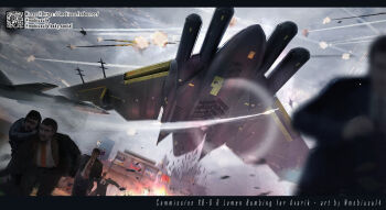 5boys ace_combat ace_combat_zero aerial_battle aircraft airplane artist_name battle beard belkan_flag black_jacket black_pants black_suit blurry blurry_foreground bomb brown_hair building canards carpet_bombing city cloud collared_shirt commentary commission day debris destruction dress_pants english_commentary english_text explosion explosive f-18_hornet facial_hair fighter_jet flagpole flare formal_clothes grey_sky highres jacket lens_flare lumen_(ace_combat) military military_vehicle mobius_(mobiusu14) motion_blur multiple_boys multiple_others necktie open_mouth outdoors paid_reward_available pant_suit pants projectile_trail qr_code running running_towards_viewer shirt shot_down sky smoke su-47_berkut suit suit_jacket sunglasses vehicle_focus xb-0_hresvelgr