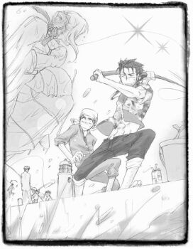 00s 2girls 4boys artoria_pendragon_(fate) cu_chulainn_(aloha_shirt)_(fate) cu_chulainn_(fate) cu_chulainn_(lancer)_(fate) dress exif_thumbnail_surprise fate/stay_night fate_(series) fishing greyscale monochrome multiple_boys multiple_girls open_mouth outdoors pier saber_(fate) surprised water wet