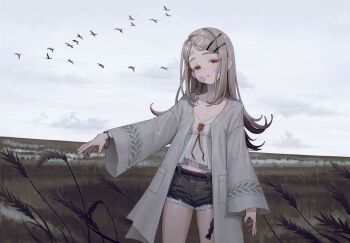 1girl bandaid bandaid_on_face belt black_belt black_shorts blonde_hair chinese_commentary coat commentary constant_qiu cowboy_shot denim denim_shorts earrings flipped_hair gakuen_idolmaster highres idolmaster jewelry long_hair midriff open_clothes open_coat outdoors parted_bangs parted_lips red_eyes rope_belt shinosawa_hiro shirt shorts solo standing white_shirt