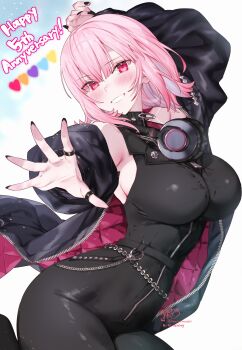 1girl absurdres arm_up black_bodysuit black_jacket blunt_bangs bodysuit breasts commentary covered_navel english_commentary grin headphones headphones_around_neck highres hololive hololive_english jacket kamiya_maneki large_breasts looking_at_viewer mori_calliope mori_calliope_(the_story_thus_far) official_alternate_costume official_alternate_hairstyle outstretched_arm pink_eyes pink_hair pink_jacket quilted_jacket short_hair sidelocks simple_background smile solo two-sided_fabric two-sided_jacket virtual_youtuber white_background