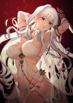 1girl absurdres armlet armpits arms_up bare_shoulders belly_chain blush body_markings bracelet breasts cleavage colored_extremities dress durga_(fate) durga_(first_ascension)_(fate) earrings fate/grand_order fate_(series) grey_hair hair_ribbon highres jewelry large_breasts long_hair parted_lips pelvic_curtain red_eyes red_hands revealing_clothes ribbon sash sattari snake solo thighs thumb_ring very_long_hair white_dress
