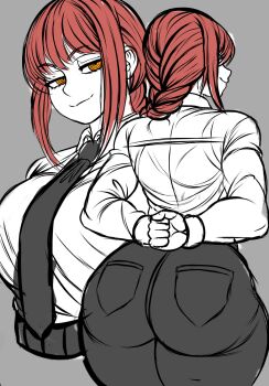 1girl artist_name ass braid braided_ponytail breasts chainsaw_man half-closed_eyes highres huge_ass large_breasts long_hair looking_at_viewer looking_back makima_(chainsaw_man) necktie office_lady pants red_hair seductive_gaze seductive_smile smile source_request yellow_eyes