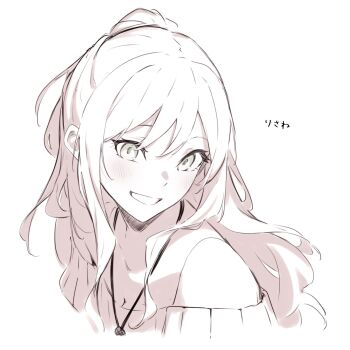 1girl bang_dream! blush breasts cleavage half_updo highres imai_lisa jewelry kanade_(kanade_3344) long_hair necklace open_mouth sidelocks simple_background smile solo translated upper_body white_background