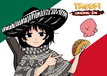 1girl ^_^ alternate_costume black_eyes black_hair black_hat closed_eyes closed_mouth commentary copyright_name english_commentary flag_background food formicid hat holding holding_food instrument_case instrument_on_back kuze_shizuka looking_at_viewer mexican_clothes mexican_flag mexico pointing pointing_at_object poncho pun sombrero taco takopii takopii_no_genzai