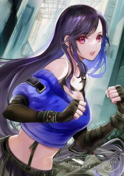 1girl bare_shoulders black_gloves black_hair black_skirt blue_sweater bracelet breasts cleavage commentary_request crop_top elbow_gloves fighting_stance final_fantasy final_fantasy_vii final_fantasy_vii:_ever_crisis fingerless_gloves gloves hair_behind_ear harness highres jewelry long_hair looking_at_viewer low-tied_long_hair medium_breasts midriff navel off-shoulder_sweater off_shoulder official_alternate_costume open_mouth outdoors quichi_91 red_eyes revision skirt solo suspender_skirt suspenders sweater swept_bangs teeth tifa_lockhart tifa_lockhart_(metalfoot) upper_body upper_teeth_only