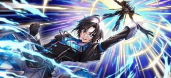 1boy black_gloves black_hair black_jacket blue_eyes code_geass code_geass:_lost_stories commentary_request f4samurai gloves highres jacket knightmare_frame mario_disel mecha official_art open_mouth robot short_hair smile solo