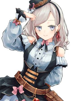 1girl absurdres arm_up bare_shoulders belt belt_pouch black_corset black_hat bow breasts center_frills ceras_yanagida_lilienfeld collared_shirt commentary corset cowboy_shot frilled_shirt frilled_shirt_collar frilled_sleeves frills grey_eyes grey_hair grey_shirt hair_ribbon hat highres link!_like!_love_live! long_sleeves looking_at_viewer loose_belt love_live! medium_breasts mendo_(mend0o0) pink_bow pink_ribbon pouch retrofuture_(love_live!) ribbon shirt simple_background smile solo tilted_headwear utility_belt virtual_youtuber wavy_hair white_background