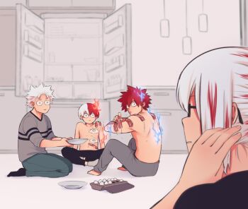 1girl 3boys alternate_universe bacon blue_fire boku_no_hero_academia brother_and_sister brothers cooking egg fire food glasses grey_eyes highres keiid kitchen kneeling looking_at_another multicolored_hair multiple_boys pants pectorals plate pyrokinesis red_hair refrigerator shirt siblings socks spiked_hair todoroki_fuyumi todoroki_natsuo todoroki_shoto todoroki_touya topless_male walk-in white_hair