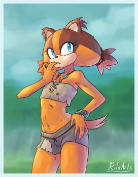 1girl animal_ears badger biting_own_finger blue_eyes bracelet brown_fur female_focus finger_bite flat_chest fur hand_on_own_hip highres jewelry navel orange_fur riloarts sega skirt solo sonic_(series) sonic_boom_(series) sticks'_finger_bite_(meme) sticks_the_badger strapless tail tube_top