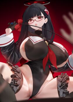 1girl areola_slip black_gloves black_hair black_leotard black_sailor_collar black_shrug black_thighhighs blue_archive blush bow braid breast_curtains breasts cosplay covered_erect_nipples covered_navel frills garter_straps glasses gloves hair_bow hair_ornament half_gloves halo highleg highleg_leotard highres large_breasts leotard long_hair long_sleeves looking_at_viewer neckerchief open_mouth red_eyes riding_crop rio_(blue_archive) sailor_collar shimiko_(blue_archive) shimiko_(blue_archive)_(cosplay) shimiko_(magical)_(blue_archive) shrug_(clothing) solo_focus spread_legs squatting thighhighs twin_braids xiujia_yihuizi