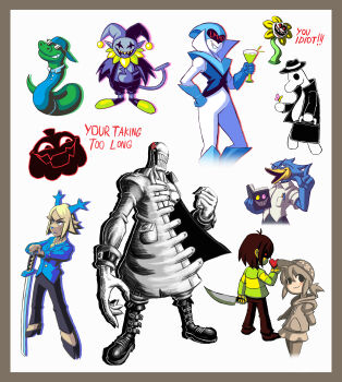 absurdres acid berdly_(deltarune) black_hair book briefcase bug butterfly carol_holiday dedan_(off) deltarune drawpile_(medium) everyman_(undertale) flowey_(undertale) full_body heart highres holding holding_book insect jevil jockington_(deltarune) katana knife kris_(deltarune) off_(game) pumpkin queen_(deltarune) standing sword temmie_chang_(character) tennasi19 undertale utdr_(toby_fox) weapon white_background