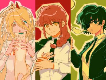 3girls animal black_eyes black_hair black_jacket black_necktie blonde_hair braid cat chainsaw_man commentary cross-shaped_pupils demon_girl demon_horns eyepatch himeno_(chainsaw_man) holding holding_animal holding_cat horns jacket makima_(chainsaw_man) meowy_(chainsaw_man) multiple_girls necktie power_(chainsaw_man) red_hair red_horns ringed_eyes shirt smoke smoking suit_jacket symbol-only_commentary symbol-shaped_pupils tuzaixia white_shirt yellow_eyes