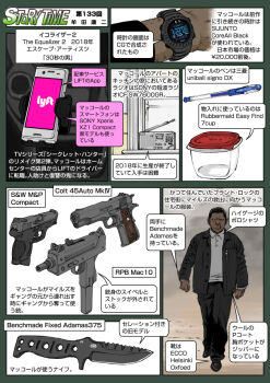 1boy benchmade benchmade_fixed_adamas375 cellphone colt's_manufacturing_company dark-skinned_male dark_skin english_text gun handgun ingram_mac-10/11 jacket japanese_text knife looking_at_viewer m1911 mac-10/11 military_armament_corporation muta_koji pen phone pistol pocket_pistol radio robert_mccall s&amp;w_m&amp;p smartphone smith_&amp;_wesson sony story_time_(muta_koji) submachine_gun the_equalizer_2 translation_request tupperware very_dark_skin watch weapon weapon_focus weapon_name weapon_profile