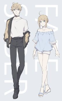 1boy 1girl ahoge arthur_pendragon_(fate) artoria_pendragon_(fate) bare_shoulders belt black_belt black_boots black_choker black_jacket black_pants blonde_hair blue_shirt bomya boots character_name choker closed_mouth collarbone copyright_name earrings fate/grand_order fate_(series) floral_print full_body green_eyes grey_background hair_between_eyes hair_bun hands_in_pockets huge_ahoge jacket jewelry lace lace_choker long_sleeves looking_at_viewer multicolored_jacket off-shoulder_shirt off_shoulder open_clothes open_jacket pants puffy_long_sleeves puffy_sleeves saber_(fate) sandals shirt short_hair short_sleeves shorts sidelocks standing sukajan t-shirt text_background toenails two-tone_jacket white_choker white_sandals white_shirt white_shorts yellow_jacket