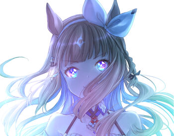 Rule 34 | + +, 1girl, almond eye (umamusume), animal ears, bare shoulders, batako (pfbatakopd), blue eyes, bow, bow hairband, braid, braided sidelocks, brown hair, closed mouth, colored inner hair, commentary request, hair between eyes, hair ornament, hairband, hairclip, highres, horse ears, horse girl, long hair, looking at viewer, multicolored hair, simple background, smile, solo, symbol-shaped pupils, umamusume, upper body, white background, white hairband, x-shaped pupils
