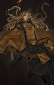 1girl black_hakama black_hat blonde_hair brown_background commentary constellation_print detached_sleeves eyelashes falling feet_out_of_frame floating_clothes floating_hair hakama hakama_short_skirt hakama_skirt happy hat highres japanese_clothes layered_sleeves long_hair long_sleeves looking_ahead matara_okina open_mouth orange_sleeves orange_tabard parted_bangs print_tabard realistic shirt simple_background skirt smile solo sun_print tabard tansuyuli teeth thick_eyebrows touhou turtleneck turtleneck_shirt unfinished upper_teeth_only very_long_hair wavy_hair white_shirt wide_sleeves yellow_eyes