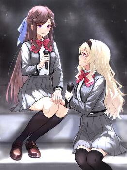 Rule 34 | 2girls, absurdres, black hairband, black socks, black thighhighs, blonde hair, blue bow, blurry, blush, bow, bowtie, breast pocket, breasts, brown hair, brown shoes, chibinekopan, closed mouth, collared shirt, commentary request, depth of field, eye contact, fingernails, full body, grey jacket, grey skirt, hair between eyes, hair bow, hair ornament, hairband, half updo, hand on another's knee, hand up, hands up, high-waist skirt, highres, holding, holding hands, holding microphone, indoors, jacket, kneehighs, legs together, light particles, loafers, long hair, long sleeves, looking at another, looking down, looking to the side, looking up, medium breasts, microphone, miniskirt, multiple girls, open clothes, open jacket, parted bangs, pink eyes, pleated skirt, pocket, profile, purple eyes, red bow, red bowtie, saijou claudine, school uniform, seishou music academy uniform, shirt, shirt tucked in, shoes, shoujo kageki revue starlight, sidelocks, sitting, sitting on stairs, skirt, smile, socks, stairs, tendou maya, thighhighs, very long hair, wavy hair, white shirt, x hair ornament, yuri