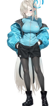 1girl absurdres asuna_(blue_archive) black_boots black_pantyhose black_shorts blonde_hair blue_archive blue_eyes blue_halo blue_jacket blush boots breasts grin hair_over_one_eye halo hands_in_pockets high_collar highres jacket jacket_over_jacket large_breasts long_hair not_forever2w open_clothes open_jacket pantyhose shorts sidelocks smile solo