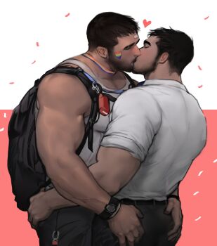 2boys abs absurdres ass_grab backpack bag bara beard body_hair couple dopey_(dopq) facial_hair facial_mark highres kiss large_pectorals lgbt_pride male_focus manly multiple_boys muscular original pectorals rainbow_flag rainbow_flag_tattoo simple_background sleeveless tank_top tattoo topless_male yaoi
