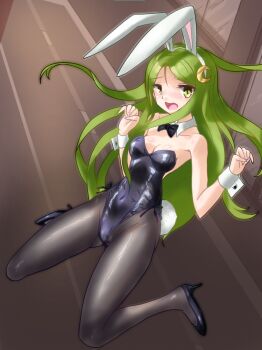 Rule 34 | 1girl, alternate costume, animal ear hairband, animal ears, black bow, black bowtie, black leotard, black pantyhose, black shoes, bow, bowtie, breasts, commentary request, crescent, crescent hair ornament, detached collar, fake animal ears, green eyes, green hair, hair ornament, hairband, highres, kantai collection, leotard, long hair, nagatsuki (kancolle), open mouth, pantyhose, playboy bunny, rabbit ears, rabbit tail, shoes, small breasts, solo, strapless, strapless leotard, tail, w arms, wrist cuffs, yokareto omotte