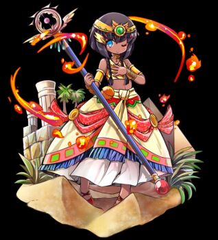 1girl :o armlet black_background black_hair blue_eyes bracelet braid crop_top dark-skinned_female dark_skin fire flaming_weapon flat_chest flats full_body hair_between_eyes hand_on_own_chest highres holding holding_staff jewelry lisha_(merc_storia) long_skirt low_twin_braids merc_storia merc_storia_art_team navel official_art one_eye_closed pillar pyramid_(structure) sand sash simple_background skirt sleeveless solo staff standing stone_wall tachi-e tiara twin_braids weapon