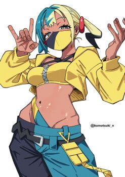1girl absurdres belt black_pants blonde_hair blue_hair blush breasts canari_(pokemon) dark-skinned_female dark_skin groin highres jacket komatsuki_n long_sleeves looking_at_viewer mask medium_breasts midriff mouth_mask multicolored_hair navel nintendo pants pokemon pokemon_legends:_z-a simple_background smile solo twintails twitter_username two-tone_hair white_background yellow_jacket