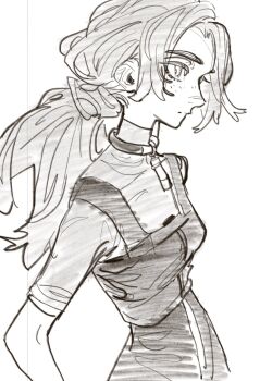 Rule 34 | 1girl, character request, gachiakuta, greyscale, highres, monochrome, official art, ponytail, sketch, solo, traditional media, urana kei