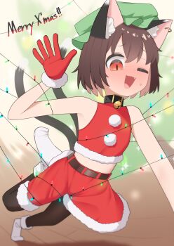 1girl absurdres animal_ear_fluff animal_ear_piercing animal_ears asakura_haru bell black_pantyhose brown_hair cat_ears cat_tail chen commentary_request gloves hat highres mob_cap multiple_tails nekomata one_eye_closed pantyhose red_gloves santa_costume short_hair solo tail touhou two_tails