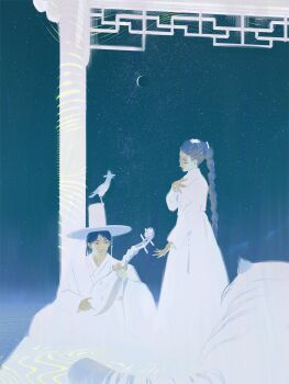 1boy 1girl bird body_markings braid braided_ponytail commentary derpy_(kpop_demon_hunters) english_commentary gat_(hat) hanbok hat highres holding holding_instrument instrument jinu_(kpop_demon_hunters) korean_clothes kpop_demon_hunters moon muim_saj music playing_instrument rumi_(kpop_demon_hunters) short_hair singing sitting sky smile star_(sky) starry_sky sussie_(kpop_demon_hunters) tiger