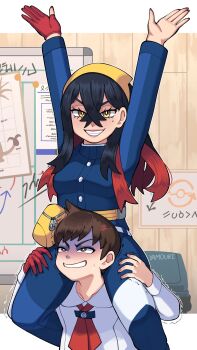 1boy 1girl anger_vein arms_up artist_name black_hair blue_jacket blue_pants blueberry_academy_school_uniform brown_eyes brown_hair carmine_(pokemon) carrying colored_inner_hair commentary crossed_bangs eyelashes fanny_pack florian_(pokemon) gloves hair_between_eyes hairband highres jacket long_hair looking_at_viewer mole mole_under_eye multicolored_hair neckerchief nintendo pants partially_fingerless_gloves pokemon pokemon_sv red_gloves red_hair red_neckerchief school_uniform shirt short_hair shoulder_carry single_glove smile struggling sweatdrop symbol-only_commentary teeth two-tone_hair white_shirt yamouri yellow_eyes yellow_hairband