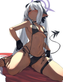 1girl bare_shoulders bikini black_bikini black_gloves blue_archive blush breasts choker dark-skinned_female dark_skin demon_tail eyewear_on_head fu-ta gloves grey_hair hair_over_one_eye hair_ribbon halo iori_(blue_archive) iori_(swimsuit)_(blue_archive) long_hair looking_to_the_side medium_breasts navel pointy_ears red_eyes ribbon solo sunglasses swimsuit tail thigh_strap thighs twintails very_long_hair