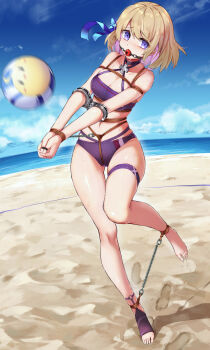 1girl absurdres azur_lane ball ball_gag bdsm beach beachball bikini blonde_hair blush bondage bound bound_ankles bound_arms bound_thumbs bound_wrists breasts choker cleavage cloud cloudy_sky collarbone commission crotch_rope cuffs day drooling female_focus full_body gag gagged gluteal_fold haimei1980 hair_ribbon handcuffs highres hobble legs navel ocean official_alternate_costume outdoors playing_sports predicament_bondage purple_bikini purple_eyes ribbon rope saliva sand shibari shibari_over_clothes skindentation sky solo standing standing_on_one_leg stomach sweat swimsuit thigh_gap thigh_strap thighs wiffle_gag z23_(azur_lane) z23_(breezy_doubles)_(azur_lane)
