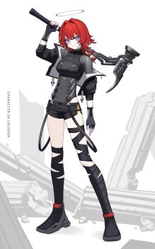 Rule 34 | 1girl, black gloves, black jacket, black shirt, black shorts, breasts, commentary, covered navel, crop top, cropped jacket, english commentary, eyelashes, fingerless gloves, full body, gloves, grey leotard, hair intakes, halo, hammer, highres, holding, holding hammer, holding weapon, jacket, kawara pigeon, leotard, leotard under clothes, medium hair, off shoulder, open mouth, original, over shoulder, pale skin, pillar, purple eyes, red hair, rubble, shirt, short shorts, shorts, smile, solo, standing, weapon, weapon over shoulder