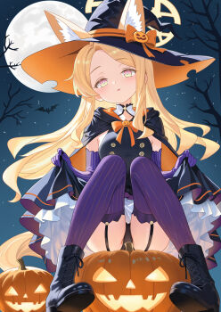 1girl absurdres animal_ears black_boots blonde_hair blue_archive blush boots clothes_lift dress dress_lift elbow_gloves fox_ears fox_girl garter_straps gloves halloween halloween_costume halo hat highres jack-o&#039;-lantern long_hair looking_at_viewer night night_sky open_mouth outdoors pink_eyes pumpkin purple_gloves rin_(rin0214tw) seia_(blue_archive) sitting sky sleeveless sleeveless_dress solo striped_clothes striped_gloves vertical-striped_clothes vertical-striped_gloves very_long_hair witch witch_hat yellow_halo