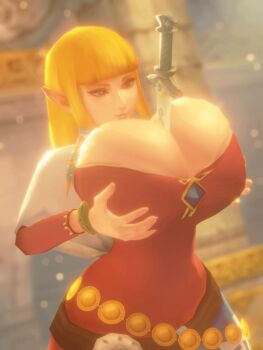 1girl 3d animated animated_gif between_breasts blonde_hair blue_eyes breasts cleavage female_focus highres huge_breasts long_hair n-nurico nintendo pointy_ears princess_zelda sexually_suggestive smile solo sword the_legend_of_zelda the_legend_of_zelda:_skyward_sword weapon