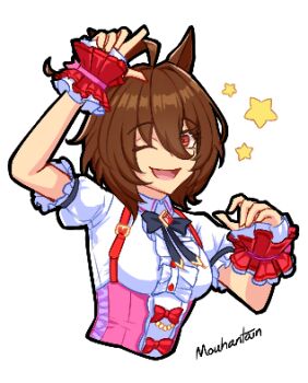 1girl agnes_tachyon_(umamusume) ahoge animal_ears argyle_bow bow brown_hair center_frills commentary cosplay english_commentary frills hair_between_eyes horse_ears horse_girl huge_ahoge looking_at_viewer lowres medium_hair mouhantain pink_skirt puffy_short_sleeves puffy_sleeves purple_bow red_eyes shirt short_sleeves skirt smart_falcon_(love_4ever)_(umamusume) smart_falcon_(umamusume) smart_falcon_(umamusume)_(cosplay) smile solo suspender_skirt suspenders umamusume wolf_cut wrist_cuffs