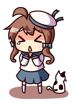 Rule 34 | > <, 10s, 1girl, ahoge, batsubyou, bow, cat, chibi, closed eyes, error musume, female focus, hair bow, hair ribbon, hat, kantai collection, kneeling girl (kancolle), kukku, looking at viewer, ribbon, school uniform, serafuku, solo, tears, triangle mouth
