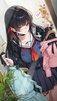 1girl absurdres black_choker black_hair black_jacket black_shirt black_skirt blush chisa_(wuthering_waves) choker chromatic_aberration closed_mouth collarbone commentary_request dutch_angle fingernails hair_ribbon highres holding indoors jacket long_hair namipon_(wuthering_waves) neckerchief red_eyes red_neckerchief red_ribbon reflection reflection_focus rhtkd ribbon sailor_collar shirt skirt solo sweatdrop thigh_strap white_sailor_collar wuthering_waves