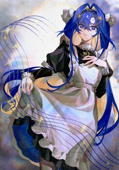 1girl absurdres apron black_dress black_hairband blonde_hair blue_eyes blue_hair colored_inner_hair cowboy_shot dress dutch_angle feiwusheng frilled_apron frills hair_between_eyes hair_intakes hair_ornament hairband hand_on_own_chest highres juliet_sleeves long_hair long_sleeves looking_at_viewer multicolored_hair puffy_sleeves reverse:1999 school_uniform skirt_hold solo soviet_school_uniform sparkle musical_staff star_(symbol) star_hair_ornament very_long_hair voyager_(reverse:1999) white_apron