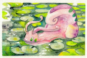 Rule 34 | closed mouth, full body, gen 6 pokemon, goodra, green eyes, highres, ivasama kaeru, lily pad, nintendo, no humans, outdoors, pokemon, pokemon (creature), pokemon focus, solo, tail, water